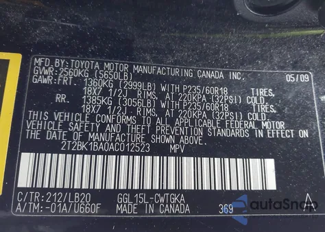 2010 Lexus Rx 350 from USA, damaged, VIN 2T2BK1BA0AC012523